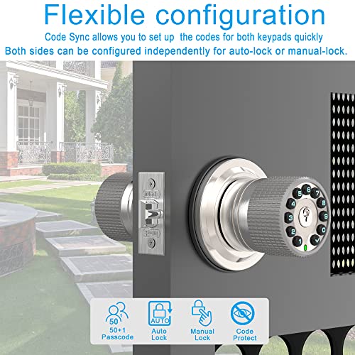 Double Sided Keypad Door Knob with Dual Cylinders and Key Alike, iuknob Keyless Entry Smart Door Lock for Entrance, Fence, Gate, Swimming Pool,Waterproof and Weatherproof for Outdoor & Interior Door.