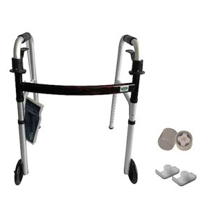 healthline 2 wheel walker for seniors & adults - deluxe lightweight foldable walker with wheels 5" up to 350 lbs and free 2 pair of rear glides & triggers (red)