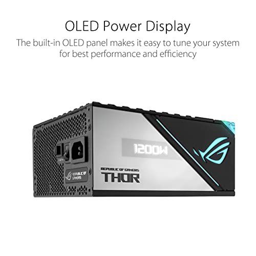 ROG Thor 1200W Platinum II (1200 Watt, Fully Modular Power Supply, 80+ Platinum, Lambda A++ Certified, ROG heatsinks, 135mm PWM Fan, 0dB Mode, OLED Panel, Sleeved Cables, Aura Sync, 10 Year Warranty)