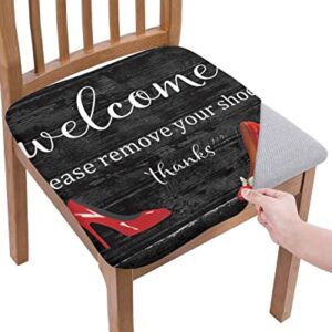 Seat Covers for Dining Room Chairs, Red High Heels Black Retro Wood Grain Fitted Stretch Jacquard Chair Seat Covers, Removable Washable Kitchen Dining Chair Slipcovers Protector Set