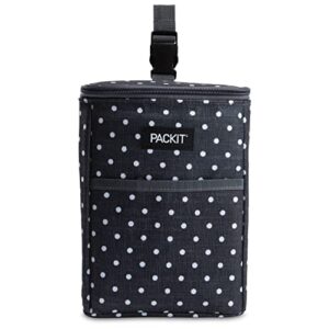 packit® freezable double bottle bag, polka dots, built with ecofreeze® technology, antimicrobial lining, collapsible, reusable, zip closure, buckle handle, perfect for breastmilk and formula on the go