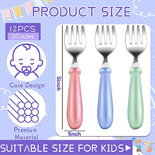BHUIJNY 12Pcs Toddler Forks,Stainless Steel Toddler Utensils Baby Forks,Kids Forks Children's Cutlery for Self Feeding,BPA Free Kids Metal Forks with Round Handle for Boys Girls Dining,Dishwasher Safe