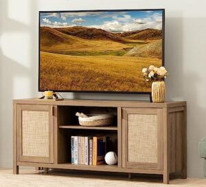 sicotas rattan tv stand for 65 inch tv: 26" tall tv console with storage cabinet and adjustable shelf, 59" boho entertainment center, media console, modern wood tv stands for living room, bedroom, oak