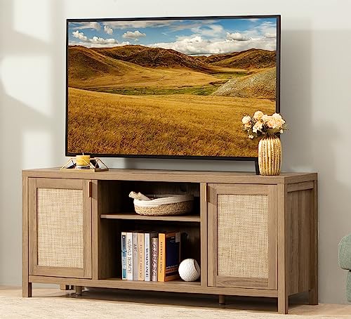 SICOTAS Rattan TV Stand for 65 Inch TV: 26" Tall TV Console with Storage Cabinet and Adjustable Shelf, 59" Boho Entertainment Center, Media Console, Modern Wood TV Stands for Living Room, Bedroom, Oak