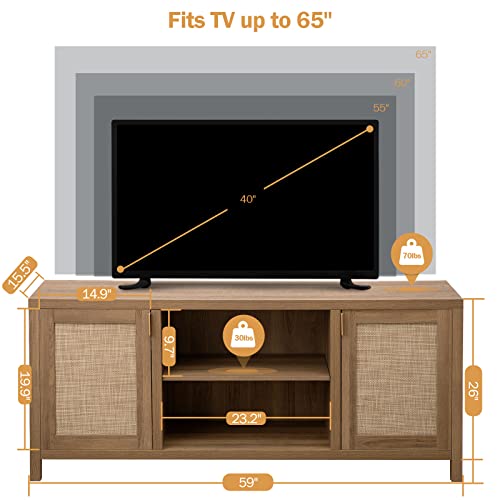 SICOTAS Rattan TV Stand for 65 Inch TV: 26" Tall TV Console with Storage Cabinet and Adjustable Shelf, 59" Boho Entertainment Center, Media Console, Modern Wood TV Stands for Living Room, Bedroom, Oak