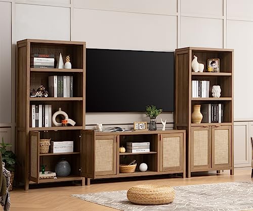 SICOTAS Rattan TV Stand for 65 Inch TV: 26" Tall TV Console with Storage Cabinet and Adjustable Shelf, 59" Boho Entertainment Center, Media Console, Modern Wood TV Stands for Living Room, Bedroom, Oak