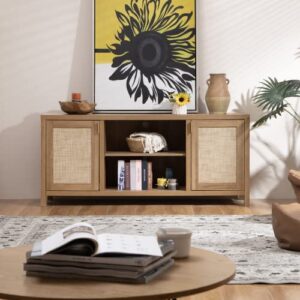 SICOTAS Rattan TV Stand for 65 Inch TV: 26" Tall TV Console with Storage Cabinet and Adjustable Shelf, 59" Boho Entertainment Center, Media Console, Modern Wood TV Stands for Living Room, Bedroom, Oak