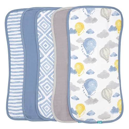 Featherhead™ 5-Pack Muslin Burp Cloths for Baby Boy Large 22" X 11" - Ultra Soft & Extra Absorbent Cotton Terry Backing (Blue Balloons)