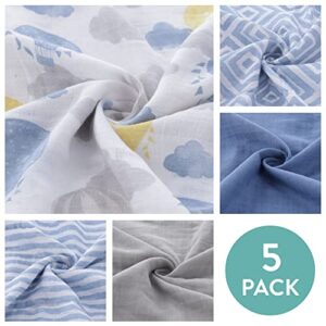 Featherhead™ 5-Pack Muslin Burp Cloths for Baby Boy Large 22" X 11" - Ultra Soft & Extra Absorbent Cotton Terry Backing (Blue Balloons)