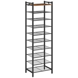 mahancris 10-tier metal shoe rack, narrow shoe storage organizer for closet entryway, hold 9-20 pairs of shoes, tall skinny shoe shelf with 9 metal shelves, easy assembly, rustic brown srhr1001z