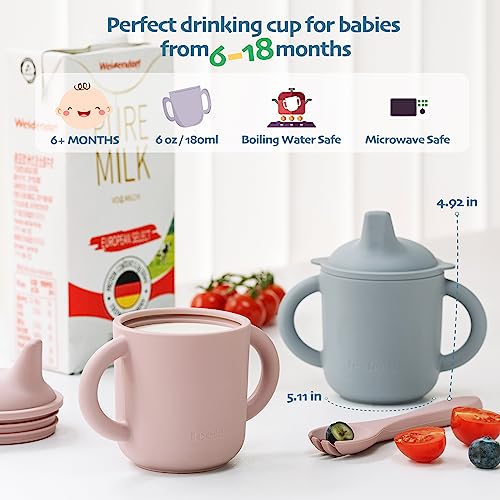 Leeleelon Silicone Sippy Cups for Baby, 100% Leak-Proof Training Cup for Toddler with Handles, Soft Spout Sippy Cup for Infants, 6+ Months, 6oz/180ml (Pack of 2)