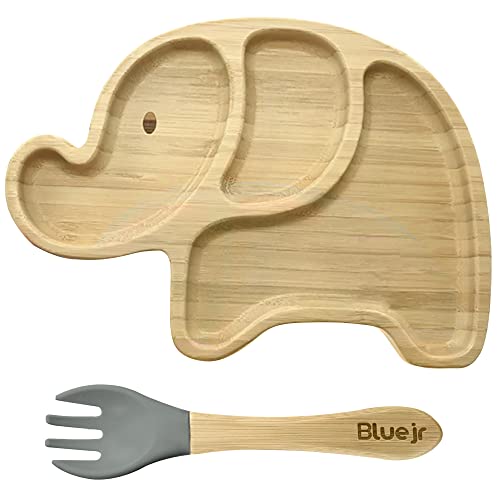 Bluejr Elephant-Shaped Bamboo Plate & Fork Set - Fun & Secure Dining for Toddlers, Babies - Silicone Suction, Three-Compartment Wooden Kids Plate, Eco-Friendly Animal-Shaped Dish Set