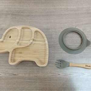 Bluejr Elephant-Shaped Bamboo Plate & Fork Set - Fun & Secure Dining for Toddlers, Babies - Silicone Suction, Three-Compartment Wooden Kids Plate, Eco-Friendly Animal-Shaped Dish Set