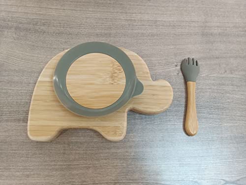 Bluejr Elephant-Shaped Bamboo Plate & Fork Set - Fun & Secure Dining for Toddlers, Babies - Silicone Suction, Three-Compartment Wooden Kids Plate, Eco-Friendly Animal-Shaped Dish Set