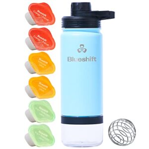 blueshift sidekick stainless steel water bottle, 18 fl oz shaker bottle with blend ball and protein storage compartment, includes 6 superblend supplements inside bottle (sky)