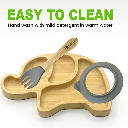Bluejr Elephant-Shaped Bamboo Plate & Fork Set - Fun & Secure Dining for Toddlers, Babies - Silicone Suction, Three-Compartment Wooden Kids Plate, Eco-Friendly Animal-Shaped Dish Set