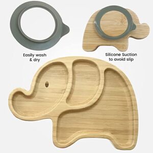 Bluejr Elephant-Shaped Bamboo Plate & Fork Set - Fun & Secure Dining for Toddlers, Babies - Silicone Suction, Three-Compartment Wooden Kids Plate, Eco-Friendly Animal-Shaped Dish Set