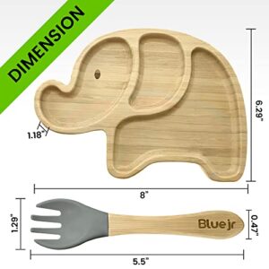 Bluejr Elephant-Shaped Bamboo Plate & Fork Set - Fun & Secure Dining for Toddlers, Babies - Silicone Suction, Three-Compartment Wooden Kids Plate, Eco-Friendly Animal-Shaped Dish Set