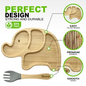 Bluejr Elephant-Shaped Bamboo Plate & Fork Set - Fun & Secure Dining for Toddlers, Babies - Silicone Suction, Three-Compartment Wooden Kids Plate, Eco-Friendly Animal-Shaped Dish Set