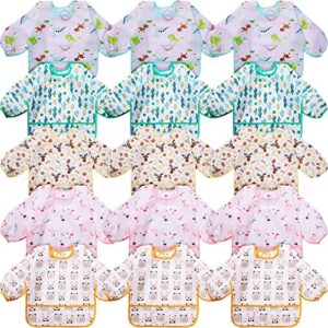 tarpop 15 pcs long sleeve baby bibs for eating, fabric waterproof sleeved bib full coverage toddler bib baby smock with large pocket soft shirt bibs for babies feeding, fits ages 6-24 months