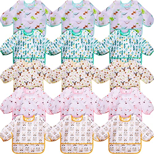 Tarpop 15 Pcs Long Sleeve Baby Bibs for Eating, Fabric Waterproof Sleeved Bib Full Coverage Toddler Bib Baby Smock with Large Pocket Soft Shirt Bibs for Babies Feeding, Fits Ages 6-24 Months