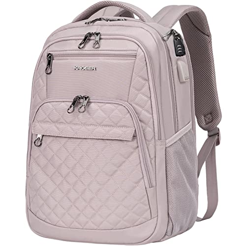 KROSER Travel Laptop Backpack 17 Inch Large Computer Backpack Water-Repellent Daypack with USB Charging Port & Headphone Interface RFID Pockets for Work/Business/College/Men/Women Dusty Pink(Quilted)