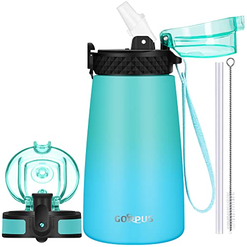 GOPPUS Kids Insulated Water Bottle 12 oz BPA-FREE Double Wall Vacuum Stainless Steel Kids Cup Leakproof Metal Water bottles with Straw & Spout Lid Strap Handle