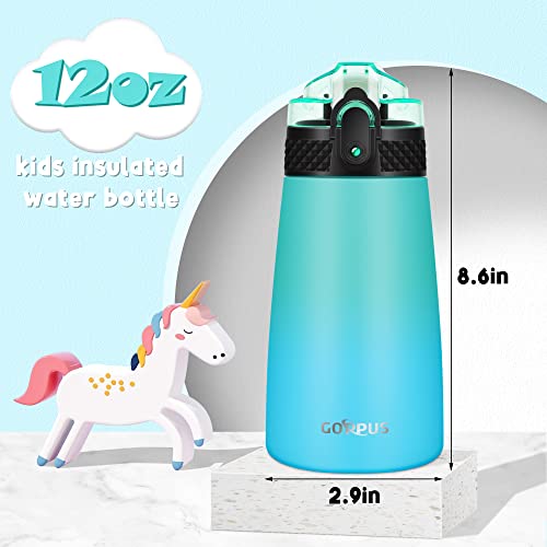 GOPPUS Kids Insulated Water Bottle 12 oz BPA-FREE Double Wall Vacuum Stainless Steel Kids Cup Leakproof Metal Water bottles with Straw & Spout Lid Strap Handle