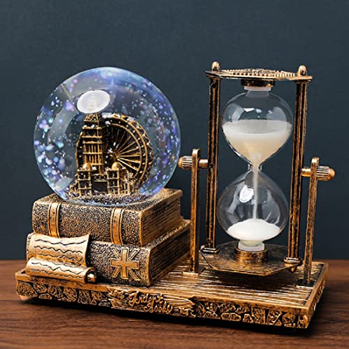 Music Crystal Snow Globe with Hourglass Timer Home Decoration for Living Room Bedroom Book Shelf TV Cabinet Desktop Decor Statue Figurine Table Centerpieces Ornaments (A-Brown)