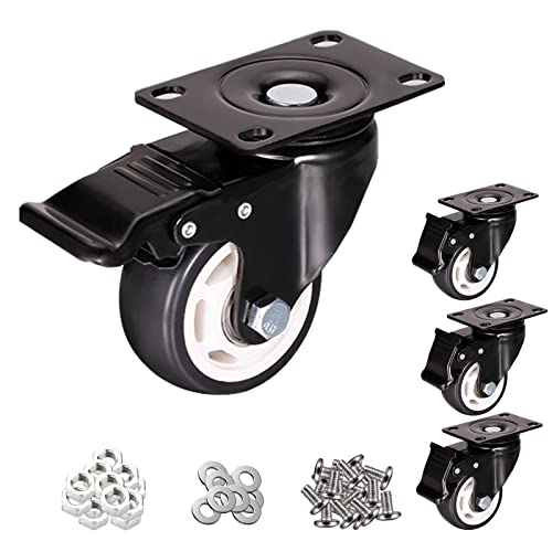 3" Heavy Duty Caster Wheels Set of 4 with Brake - HBL‘ 360° Swivel Castors with Polyurethane (PU) for Cart, Furniture, Workbench.