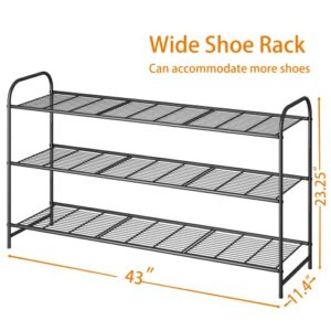 Ekisemio Extra Long 3-Tier Shoe Rack Organizer, Stackable Double Shoe Shelf Storage for 42 Pairs, Heavy Duty Metal Wire, Black