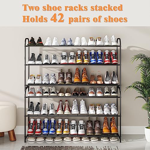 Ekisemio Extra Long 3-Tier Shoe Rack Organizer, Stackable Double Shoe Shelf Storage for 42 Pairs, Heavy Duty Metal Wire, Black