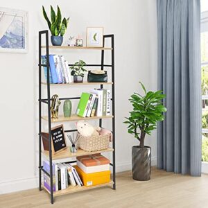5 Tier Bookshelf Industrial Ladder Shelf Open Display Storage Rack Wood Bookcase with Metal Frame, Freestanding Storage Shelves for Home Office, Living Room, Bedroom, Kitchen