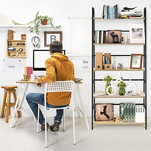 5 Tier Bookshelf Industrial Ladder Shelf Open Display Storage Rack Wood Bookcase with Metal Frame, Freestanding Storage Shelves for Home Office, Living Room, Bedroom, Kitchen