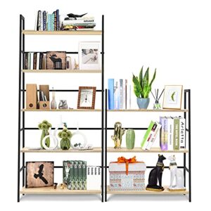 5 Tier Bookshelf Industrial Ladder Shelf Open Display Storage Rack Wood Bookcase with Metal Frame, Freestanding Storage Shelves for Home Office, Living Room, Bedroom, Kitchen