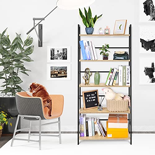 5 Tier Bookshelf Industrial Ladder Shelf Open Display Storage Rack Wood Bookcase with Metal Frame, Freestanding Storage Shelves for Home Office, Living Room, Bedroom, Kitchen