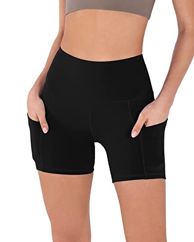 ODODOS 5" Tummy Control Yoga Shorts for Women with Pockets High Waist Athletic Workout Biker Shorts, Black, Medium