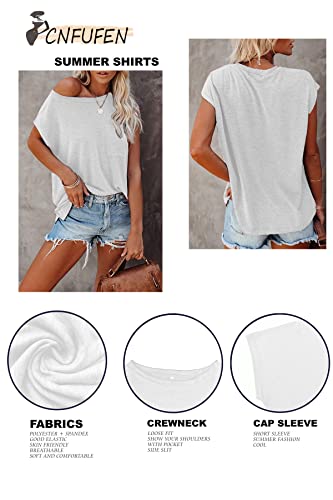 CNFUFEN Womens Tops Short Sleeve Casual Clothes Solid Color Shirts for Women 2023 Ladies Tops Short Sleeve with Pockets Summer Teacher Shirts White S