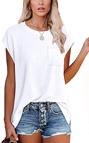 CNFUFEN Womens Tops Short Sleeve Casual Clothes Solid Color Shirts for Women 2023 Ladies Tops Short Sleeve with Pockets Summer Teacher Shirts White S