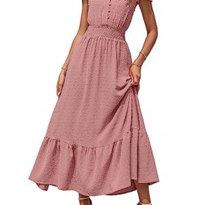 PRETTYGARDEN Womens Summer Flowy Boho Maxi Dress Short Sleeve Swiss Dot Long Dress V Neck Smocked Waist Beach Party Sundress (Pink, Large)