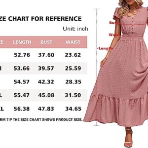 PRETTYGARDEN Womens Summer Flowy Boho Maxi Dress Short Sleeve Swiss Dot Long Dress V Neck Smocked Waist Beach Party Sundress (Pink, Large)