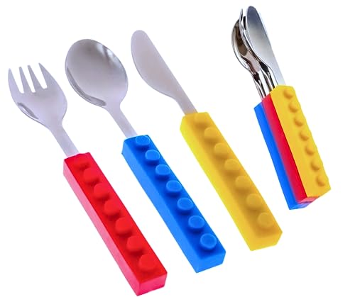 Rucher Interlocking Brick Utensils for Children. 3-Piece Fun Interlocking Block Set of Spoon Fork and Knife. Stainless Steel Toy Silverware Set for Home, Lunch Box, Travel or Birthday.