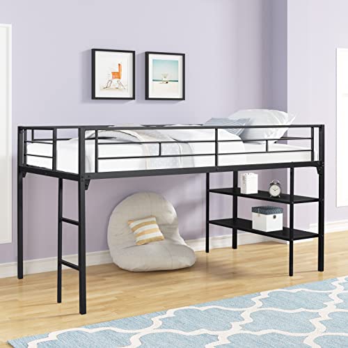 Lostcat Twin Size Metal Loft Bed and Storage Shelves,Heavy Duty Metal Loft Bed w/Full Length Guardrails and Ladder,No Box Spring Needed,Suitable for Kids,Teens,Adults,Black