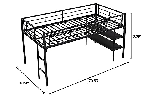 Lostcat Twin Size Metal Loft Bed and Storage Shelves,Heavy Duty Metal Loft Bed w/Full Length Guardrails and Ladder,No Box Spring Needed,Suitable for Kids,Teens,Adults,Black