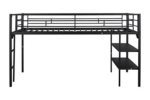 Lostcat Twin Size Metal Loft Bed and Storage Shelves,Heavy Duty Metal Loft Bed w/Full Length Guardrails and Ladder,No Box Spring Needed,Suitable for Kids,Teens,Adults,Black