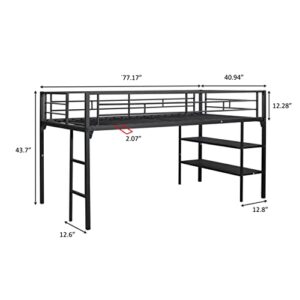 Lostcat Twin Size Metal Loft Bed and Storage Shelves,Heavy Duty Metal Loft Bed w/Full Length Guardrails and Ladder,No Box Spring Needed,Suitable for Kids,Teens,Adults,Black