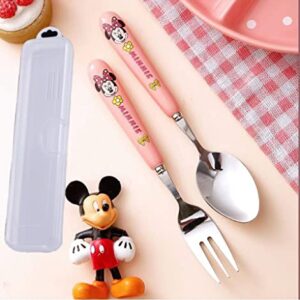 Meet Beauty Ding 1Set Stainless Steel Minnie Spoon Fork Set Pink Kid's Flatware with A Container Girl Children's Tableware Female Student's Cartoon Dinnerware Meal Tool（Made in China