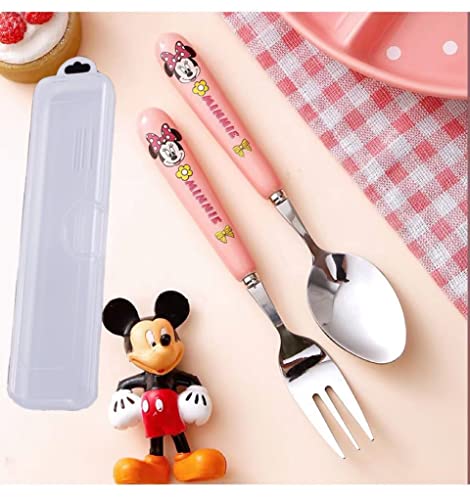 Meet Beauty Ding 1Set Stainless Steel Minnie Spoon Fork Set Pink Kid's Flatware with A Container Girl Children's Tableware Female Student's Cartoon Dinnerware Meal Tool（Made in China