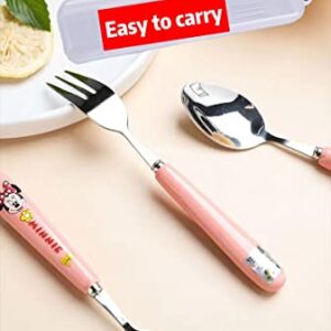 Meet Beauty Ding 1Set Stainless Steel Minnie Spoon Fork Set Pink Kid's Flatware with A Container Girl Children's Tableware Female Student's Cartoon Dinnerware Meal Tool（Made in China