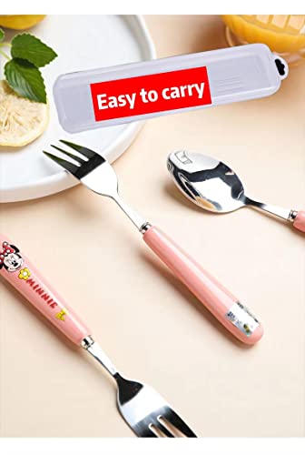 Meet Beauty Ding 1Set Stainless Steel Minnie Spoon Fork Set Pink Kid's Flatware with A Container Girl Children's Tableware Female Student's Cartoon Dinnerware Meal Tool（Made in China